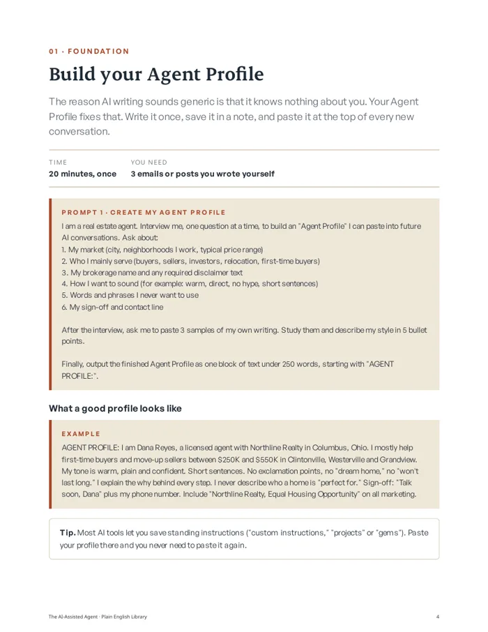 Page 4 of The AI-Assisted Agent: Build your Agent Profile, with Prompt 1 and a sample profile